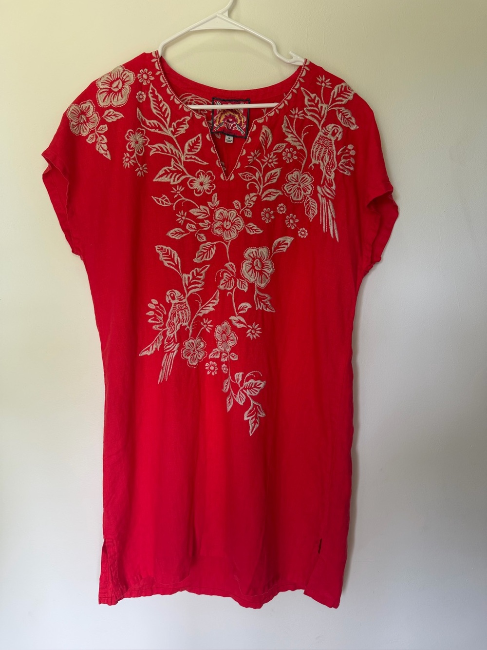Johnny Was Red Embroidered Maxi Dress with White Floral Parrots